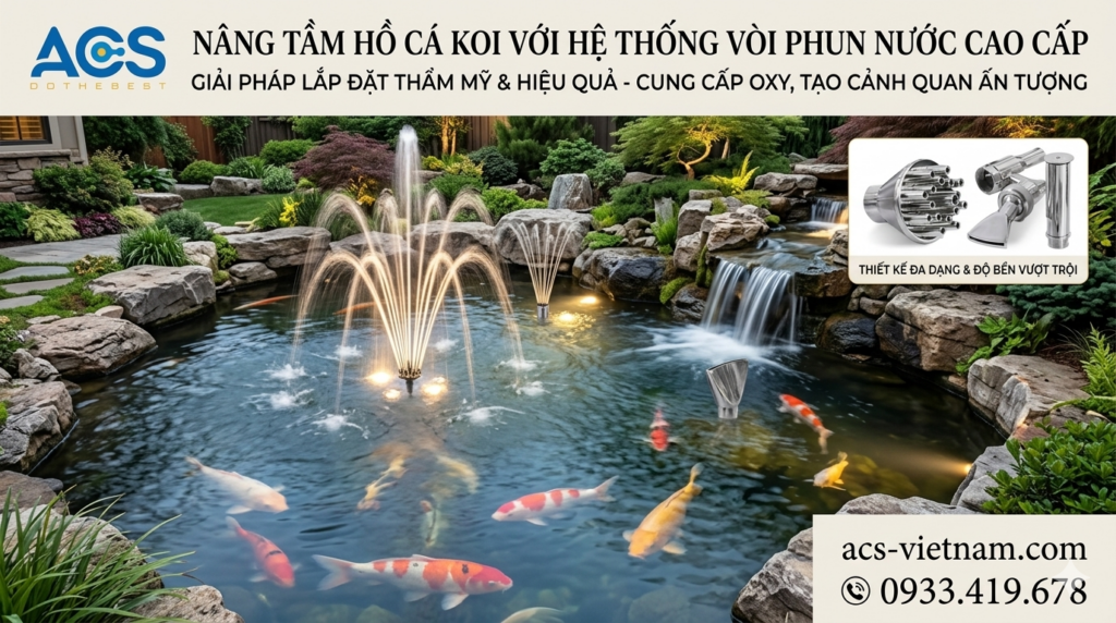 Hồ cá KOI nên lắp đặt vòi phun nước nào cho ấn tượng Phương án lắp đặt vòi phun nước đảm bảo hiệu quả và thẩm mỹ